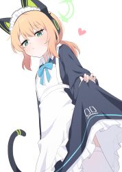 Rule 34 | 1girl, absurdres, animal ear headphones, animal ears, apron, black dress, blonde hair, blue archive, blush, cat tail, closed mouth, clothes lift, dress, dress lift, fake animal ears, frilled apron, frilled dress, frills, from below, green eyes, green halo, hagoonha, halo, headphones, heart, highres, lifting own clothes, long sleeves, maid, maid headdress, midori (blue archive), midori (maid) (blue archive), official alternate costume, short hair, simple background, solo, tail, thighhighs, white apron, white background, white thighhighs