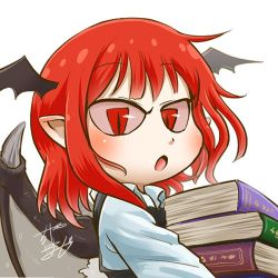 Rule 34 | 1girl, bat wings, book, book stack, carrying, chamaji, close-up, collared shirt, colored sclera, commentary, head wings, koakuma, long sleeves, looking at viewer, lowres, open mouth, pointy ears, red eyes, red hair, red sclera, shirt, signature, simple background, slit pupils, solo, touhou, unbuttoned, unbuttoned shirt, upper body, vest, white background, wing collar, wings