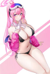 Rule 34 | 1girl, baige0, bikini, black bikini, blue archive, blush, breasts, cleavage, closed mouth, eimi (blue archive), eimi (swimsuit) (blue archive), feet out of frame, goggles, goggles on head, hair between eyes, halo, jacket, large breasts, long hair, long sleeves, looking at viewer, navel, official alternate costume, official alternate hairstyle, open clothes, open jacket, pink eyes, pink hair, pink halo, pink jacket, ponytail, scarf, solo, swimsuit, very long hair, white scarf