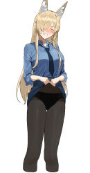 Rule 34 | 1girl, animal ears, black panties, black pantyhose, blonde hair, blue archive, blue necktie, blue shirt, blue skirt, blush, breasts, clenched teeth, clothes lift, collared shirt, cropped legs, feet out of frame, hair over one eye, highres, kanna (blue archive), kosubi (tsuneta328), large breasts, lifting own clothes, long hair, necktie, panties, panties under pantyhose, pantyhose, pencil skirt, shirt, simple background, skirt, skirt lift, solo, teeth, underwear, white background