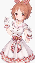 Rule 34 | 1girl, abe nana, blush, breasts, brown eyes, brown hair, buttons, closed mouth, collarbone, double-breasted, dress, gloves, hair ribbon, hands up, highres, idolmaster, idolmaster cinderella girls, idolmaster cinderella girls starlight stage, jewelry, looking at viewer, medium breasts, necklace, plaid, plaid ribbon, ribbon, shone, short hair, short ponytail, simple background, smile, solo, white background, white dress, white gloves
