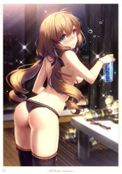 Rule 34 | 1girl, absurdres, ahoge, alcohol, ass, beer, beer can, black panties, black ribbon, black thighhighs, blush, breasts, brown hair, can, drink can, drunk, from behind, green eyes, hair between eyes, hair ribbon, hand up, highres, holding, holding can, large breasts, long hair, looking at viewer, looking back, low twintails, masaru.jp, panties, parted lips, ribbon, scan, shoulder blades, sideboob, solo, squeans, thighhighs, thighs, thong, topless, twintails, underwear