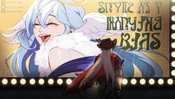 Rule 34 | 1boy, 1girl, :d, ^ ^, bare shoulders, billboard, black hat, black jacket, blue hair, boothill (honkai: star rail), cape, closed eyes, commentary, fedora, from behind, grey hair, hat, head wings, highres, honkai: star rail, honkai (series), jacket, long hair, odeko yma, open mouth, red cape, robin (honkai: star rail), smile, upper body, very long hair, wings