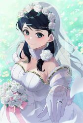 Rule 34 | 1girl, bare shoulders, blue eyes, blue hair, bouquet, breasts, bridal veil, bride, cleavage, dress, elbow gloves, fire emblem, flower, gloves, hair ornament, hairclip, highres, jewelry, lambdambla, large breasts, long hair, looking at viewer, nintendo, oribe tsubasa, reaching, reaching towards viewer, ring, see-through, smile, solo, tokyo mirage sessions fe, veil, wedding dress, wedding ring