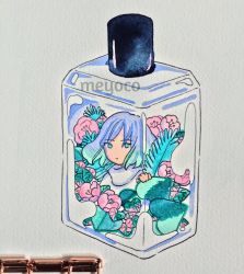 Rule 34 | 1girl, aqua hair, artist name, bad id, bad twitter id, bottle, flower, gradient hair, highres, leaf, looking at viewer, meyoco, multicolored hair, no nose, original, photo (medium), pink flower, purple hair, simple background, solo, traditional media, transparent, turtleneck, white background