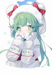 Rule 34 | 1girl, absurdres, blue archive, blush, bow, breath, coat, gloves, green eyes, green hair, halo, highres, hood, hood up, hooded coat, long hair, long sleeves, looking at viewer, measho, momiji (blue archive), parted lips, red bow, simple background, snowflakes, solo, upper body, very long hair, white background, white coat, white gloves