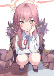 Rule 34 | 1girl, aru (blue archive), blue archive, blush, coat, demon horns, fur-trimmed coat, fur trim, halo, hand on own cheek, hand on own face, highres, horns, looking at viewer, neck ribbon, pink hair, ribbon, shaka (staito0515), shirt, simple background, solo, squatting, sweatdrop, white background, white shirt