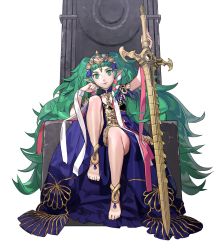 Rule 34 | 1girl, anklet, barefoot, braid, child, elf, feet, fire emblem, fire emblem: three houses, gem, green eyes, green hair, hair ornament, hand on own cheek, hand on own face, hand on sword, heroes relic (fire emblem), highres, jewelry, kurahana chinatsu, legs folded, long hair, matching hair/eyes, nintendo, official art, pointy ears, ribbon, sitting, smile, solo, sothis (fire emblem), sword, sword of the creator, throne, tiara, toes, twin braids, twintails, watermark, weapon, white background