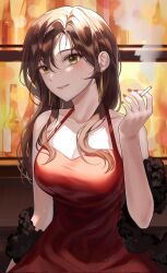 Rule 34 | 1girl, bar (place), blush, bottle, breasts, brown hair, cigarette, dress, fur (clothing), hair between eyes, halter dress, halterneck, highres, holding, holding cigarette, large breasts, long hair, looking at viewer, mole, mole under mouth, monjja, original, parted lips, red dress, red nails, sleeveless, sleeveless dress, smile, smoke, solo, upper body, yellow eyes