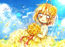 Rule 34 | 1girl, artist name, artist request, bare shoulders, blue sky, blush, bouquet, breasts, cleavage, cloud, collarbone, day, dress, female focus, flower, hair flower, hair ornament, holding, holding bouquet, holding flower, jewelry, kanarintkm, looking at viewer, love live!, love live! sunshine!!, necklace, orange hair, outdoors, parted lips, pearl necklace, red eyes, short hair, skirt, sky, small breasts, smile, solo, takami chika, veil, wedding dress, yellow dress, yellow flower, yellow petals, yellow skirt