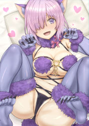 Rule 34 | 1girl, animal ears, arinotowatari, bare shoulders, blush, bow, breasts, cleavage, crotch, elbow gloves, fate/grand order, fate (series), fur-trimmed gloves, fur-trimmed legwear, fur collar, fur trim, gloves, hair over one eye, heart, large breasts, light purple hair, looking at viewer, mash kyrielight, mash kyrielight (dangerous beast), navel, o-ring, official alternate costume, open mouth, purple eyes, purple gloves, purple legwear, revealing clothes, short hair, smile, spread legs, tail, wolf ears, wolf tail
