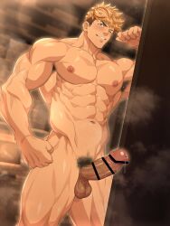 Rule 34 | 1boy, abs, absurdres, armpit hair, bar censor, bara, blonde hair, blush, censored, completely nude, erection, granblue fantasy, hifumi (3b x), highres, large pectorals, looking at viewer, male focus, male pubic hair, muscular, muscular male, navel, nipples, nude, one eye closed, pectorals, penis, pubic hair, short hair, smile, solo, teeth, testicles, thick thighs, thighs, vane (granblue fantasy)