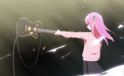 Rule 34 | 1girl, blue eyes, bocchi the rock!, cowboy shot, cube hair ornament, electric guitar, gibson les paul, gotoh hitori, grey skirt, guitar, cube hair ornament, hair ornament, highres, holding, holding instrument, instrument, jacket, light, light particles, long hair, one side up, pink hair, pink jacket, profile, skirt, smile, solo, tesfsm, track jacket