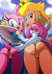 Rule 34 | 2girls, amy rose, animal ears, animal nose, anus, artist name, ass, assisted exposure, bare shoulders, blonde hair, blue dress, blue eyes, blue gemstone, blue hairband, blue sky, body fur, breasts, cleft of venus, closed mouth, clothes lift, cloud, covered erect nipples, cowboy shot, crossover, crown, day, dress, dress lift, earrings, elbow gloves, female focus, from behind, furry, furry female, gem, gloves, green eyes, hair flaps, hairband, happy, jewelry, lifting another&#039;s clothes, lips, lipstick, long dress, long hair, looking at viewer, looking back, makeup, mario (series), multiple girls, nintendo, no panties, open mouth, outdoors, pink dress, pink fur, pink hair, pink lips, princess peach, puffy short sleeves, puffy sleeves, pussy, red gemstone, rockthebull, see-through, short hair, short sleeves, sidelocks, signature, sky, sleeveless, sleeveless dress, small breasts, smile, sonic (series), sonic and the black knight, standing, tail, thighs, uncensored, white gloves, yellow headwear