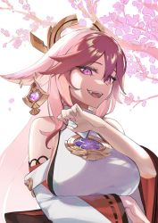 Rule 34 | 1girl, animal ears, arm under breasts, bare shoulders, breast hold, breasts, cherry blossoms, commentary, day, detached sleeves, earrings, evil smile, fang, fingernails, fox ears, genshin impact, hair between eyes, hand up, highres, jewelry, large breasts, lempika, long hair, looking at viewer, looking away, nail polish, open mouth, pink eyes, pink hair, pink nails, shirt, sleeveless, sleeveless shirt, slit pupils, smile, solo, sunlight, teeth, tongue, turtleneck, upper body, upper teeth only, white shirt, white sleeves, yae miko