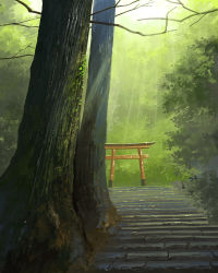 Rule 34 | commentary request, dappled sunlight, forest, green theme, light rays, naohiro, nature, no humans, original, outdoors, scenery, stairs, sunlight, torii, tree