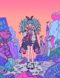 Rule 34 | 1girl, animal ears, blue hair, center frills, clothing cutout, commentary request, crack, cracked glass, cracked wall, dirty, drill hair, fake animal ears, frilled skirt, frills, full body, hand up, heart, highres, idol land pripara, katasumi amari, long hair, long sleeves, looking at viewer, messy hair, microphone, nervous smile, open mouth, pink sky, polka dot, polka dot skirt, pretty series, pripara, puffy long sleeves, puffy sleeves, rabbit ears, rituyama1, rubble, shoes, shoulder cutout, signature, skirt, sky, smile, solo, standing, star (symbol), stuffed animal, stuffed panda, stuffed toy, ticket, torn clothes, twin drills, twintails, unworn eyewear