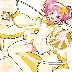 Rule 34 | 1girl, amulet dia, blush, diamond hair ornament, dress, headband, headset, highres, hinamori amu, jewelry, looking at viewer, necklace, off-shoulder dress, off shoulder, open mouth, pink background, pink hair, sakuragi mochi, shugo chara!, smile, solo, spectre, thighhighs, twintails, white background, white headband, white headwear, white thighhighs