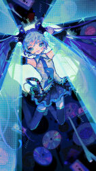 Rule 34 | 1girl, absurdres, arms up, black footwear, black skirt, black sleeves, blue hair, blue necktie, blush, boots, cassette tape, collared shirt, commentary request, detached sleeves, feet up, full body, green eyes, hair ornament, hatsune miku, highres, long hair, long sleeves, looking at viewer, mawarusanso, miniskirt, necktie, open mouth, pleated skirt, shirt, skirt, sleeveless, sleeveless shirt, smile, solo, stage lights, thigh boots, twintails, very long hair, vocaloid, white shirt
