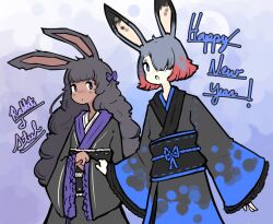 Rule 34 | 2girls, alternate costume, animal ears, assassin rabbit, black kimono, black sash, blue eyes, blue kimono, bow, chinese zodiac, closed mouth, commentary, copyright name, cowboy shot, english commentary, frilled skirt, frills, grey hair, hair between eyes, hair over one eye, happy new year, highres, japanese clothes, kimono, long bangs, long hair, looking at viewer, medium bangs, mino dev, multicolored hair, multiple girls, new year, obi, open mouth, purple bow, purple eyes, rabbit and steel, rabbit ears, rabbit girl, red hair, sash, short hair, skirt, two-tone hair, two-tone kimono, wide sleeves, wizard rabbit, year of the rabbit