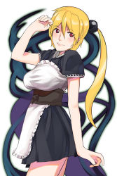 Rule 34 | 1girl, apron, black dress, blonde hair, breasts, corset, dress, large breasts, looking at viewer, maid, maid apron, original, red eyes, sanae (satansanae), sash, short sleeves, simple background, solo, standing, underbust, waist apron, white background
