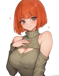 Rule 34 | 1girl, absurdres, alternate breast size, bare shoulders, bluefield, bob cut, breasts, bright pupils, brown eyes, cleavage, cleavage cutout, closed mouth, clothing cutout, commentary, green sweater, hand on own chest, heart, highres, large breasts, light blush, long sleeves, looking at viewer, mcdonald&#039;s, meme attire, mother (yoru mac), open-chest sweater, orange hair, patreon username, ribbed sweater, short hair, shoulder cutout, simple background, smile, solo, sweater, turtleneck, turtleneck sweater, upper body, virgin killer sweater, white background, white pupils, yoru mac