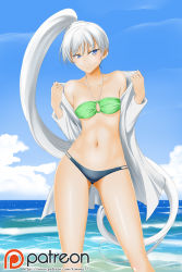 Rule 34 | 1girl, blue eyes, blue skirt, breasts, cloud, contrapposto, day, feet out of frame, gluteal fold, grey hair, groin, high ponytail, highres, kimmy77, long hair, navel, ocean, patreon logo, ponytail, rwby, scar, scar across eye, scar on face, skirt, small breasts, smile, solo, standing, swimsuit, swimsuit under clothes, thighs, undressing, water, watermark, waves, web address, weiss schnee