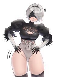 Rule 34 | 1girl, 2b (nier:automata), black gloves, black thighhighs, blindfold, bluepaint, blush, breasts, cleavage, cleavage cutout, clothing cutout, covered navel, gloves, gluteal fold, goddess of victory: nikke, hairband, hands on own hips, highres, large breasts, leotard, mole, mole under mouth, nier:automata, nier (series), puffy sleeves, simple background, solo, thick thighs, thighhighs, thighs, white background, wide hips