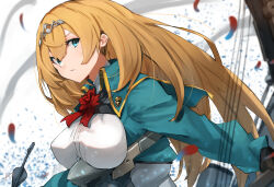 Rule 34 | 1girl, blonde hair, blue eyes, bow (weapon), breasts, compound bow, flower, hair between eyes, highres, kantai collection, large breasts, long hair, long sleeves, looking at viewer, parted lips, red flower, red rose, rigging, rose, signature, simple background, solo, sunday aki, tiara, upper body, very long hair, victorious (kancolle), weapon