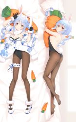 Rule 34 | 1girl, 22jigen, animal ears, arm strap, ass, backless outfit, black gloves, black leotard, black pantyhose, blue hair, breasts, brown eyes, carrot-shaped pillow, cleavage, dakimakura (medium), fake tail, female focus, food-themed hair ornament, from side, full body, fur-trimmed gloves, fur trim, gloves, gradient hair, hair ornament, highleg, highleg leotard, hololive, hugging object, leotard, long hair, looking at viewer, lying, multicolored hair, on back, on stomach, pantyhose, pillow, pillow hug, playboy bunny, rabbit ears, rabbit girl, rabbit tail, silver hair, small breasts, strapless, strapless leotard, tail, two-tone hair, usada pekora, usada pekora (1st costume), very long hair, virtual youtuber, white footwear