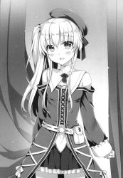 Rule 34 | 1girl, blush, celia claire, choker, clothing cutout, cowboy shot, frilled skirt, frills, greyscale, hair between eyes, hair ribbon, hat, highres, legs apart, long hair, long sleeves, looking at viewer, miniskirt, monochrome, neck ribbon, novel illustration, official art, open mouth, pleated skirt, ribbon, riv (rivleaf), seirei gensouki, shoulder cutout, side ponytail, skirt, solo, standing