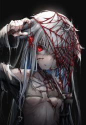 Rule 34 | 1girl, blood, breasts, bug, hair over one eye, injury, jacket, kajaneko, long hair, open clothes, open jacket, original, red eyes, silk, small breasts, solo, spider, spider web, upper body, white hair