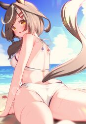 Rule 34 | 1girl, absurdres, animal ears, ass, beach, bikini, blush, breasts, crab, foreshortening, hair ornament, hairclip, highres, horse ears, horse girl, horse tail, lens flare, looking at viewer, looking back, lying, matikane tannhauser (umamusume), medium breasts, ocean, open mouth, outdoors, ponta (1859ysmssstsp), sky, solo, swimsuit, tail, umamusume, yellow eyes