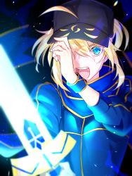 Rule 34 | 1girl, adjusting clothes, adjusting headwear, ahoge, artoria pendragon (fate), baseball cap, black background, black hat, blonde hair, blue eyes, blue jacket, blue scarf, chromatic aberration, fate/grand order, fate (series), glowing, glowing sword, glowing weapon, hair between eyes, hat, highres, holding, holding sword, holding weapon, jacket, light particles, long sleeves, looking at viewer, mysterious heroine x (fate), nn mr, open mouth, scarf, solo, sword, teeth, track jacket, upper teeth only, weapon