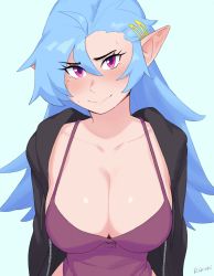 Rule 34 | 1girl, ahoge, artist name, asymmetrical bangs, black jacket, blue hair, blush, breasts, buttons, camisole, cleavage, closed mouth, collarbone, commentary, copyright request, drawstring, english commentary, flipped hair, gradient background, grey background, hair between eyes, hair ornament, hairclip, head tilt, highres, hood, hood down, hooded jacket, jacket, large breasts, long hair, mole, mole under eye, open clothes, open jacket, original, pink eyes, pointy ears, purple camisole, rob ishi, sideboob, signature, smile, solo, spaghetti strap, standing, sweatdrop, unzipped, upper body, v-shaped eyebrows, val (rob ishi), zipper