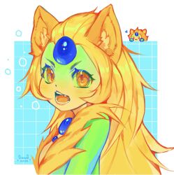 Rule 34 | 1girl, blonde hair, cat girl, colored skin, fang, forehead jewel, from side, gem, green skin, highres, knol (flowrmosh), league of legends, long hair, looking at viewer, looking to the side, nami (league of legends), open mouth, orange eyes, solo focus, teeth, tongue