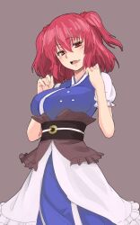 Rule 34 | 1girl, blue dress, breasts, coin, commentary, dress, grey background, hair bobbles, hair ornament, hands up, highres, kakone, large breasts, looking at viewer, obi, one-hour drawing challenge, onozuka komachi, open mouth, red eyes, red hair, sash, short hair, short sleeves, simple background, solo, touhou, two side up