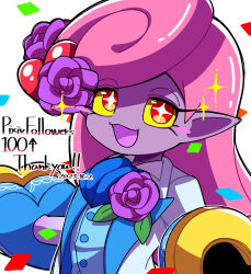 Rule 34 | 1boy, blush stickers, colored sclera, colored skin, english text, highres, long hair, looking at viewer, male focus, motemacool, pink hair, pipiko., pointy ears, purple skin, simple background, solo, sparkle, white background, yellow sclera, youkai (youkai watch), youkai watch