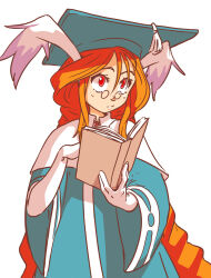 Rule 34 | 1girl, animal ears, book, braid, breath of fire, breath of fire iii, djolk, elbow gloves, glasses, gloves, hat, highres, holding, holding book, long hair, momo (breath of fire), mortarboard, rabbit ears, red eyes, red hair, robe, solo, twin braids, wide-eyed