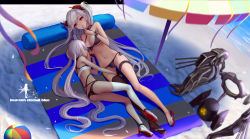 Rule 34 | 2girls, ahoge, ass, azur lane, ball, bare arms, bare shoulders, beach, beach towel, beach umbrella, beachball, bikini, black bikini, black gloves, black legwear, black neckwear, black ribbon, bomb, breasts, bridal garter, choker, cleavage, closed eyes, closed mouth, colored stripes, commentary request, cross, dark-skinned female, dark skin, explosive, fat man (nuclear bomb), finger to mouth, fingerless gloves, frilled choker, frills, from above, full body, gloves, grey footwear, hand on another&#039;s head, hand on another&#039;s thigh, hazard symbol, headgear, heart, heart ahoge, highres, index finger raised, indianapolis (azur lane), indianapolis (warship girls r), iron cross, long hair, looking at viewer, looking up, lying, machinery, medium breasts, multiple girls, navel, nuclear weapon, ocean, on side, pink hair, prinz eugen (azur lane), prinz eugen (unfading smile) (azur lane), prinz eugen (warship girls r), profile, radiation symbol, red eyes, ribbon, sand, sandals, shoes, short hair with long locks, shushing, side-tie bikini bottom, single thighhigh, sleeping, small breasts, smile, stomach, striped, swimsuit, thighhighs, towel, twintails, two side up, umbrella, very long hair, wangchuan de quanyan, warship girls r, water, weapon of mass destruction, white legwear