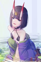 Rule 34 | 1girl, absurdres, black choker, blue eyes, bob cut, choker, collarbone, eyeliner, fate/grand order, fate (series), headpiece, highres, horns, japanese clothes, kimono, licking lips, looking at viewer, makeup, oni, open clothes, open kimono, open mouth, partially submerged, purple hair, purple kimono, revealing clothes, sawarineko, short eyebrows, short hair, shuten douji (fate), skin-covered horns, solo, tongue, tongue out, water, wide sleeves