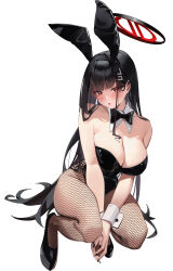 Rule 34 | 1girl, :o, absurdres, animal ears, black hair, black hairband, black leotard, black nails, blue archive, blush, breasts, derivative work, detached collar, fake animal ears, fishnet pantyhose, fishnets, full body, hairband, highres, large breasts, leotard, long hair, pantyhose, playboy bunny, pomegranate nana, rabbit ears, red eyes, rio (blue archive), simple background, solo, squatting, very long hair, white background, wrist cuffs