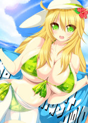 Rule 34 | 10s, 1girl, bad id, bad pixiv id, bikini, blonde hair, blush, breasts, cleavage, covered erect nipples, flower, green bikini, green eyes, hair flower, hair ornament, hat, hibiscus, hoshii miki, huge breasts, idolmaster, idolmaster (classic), idolmaster 2, long hair, ocean, open mouth, solo, swimsuit, syroh, water