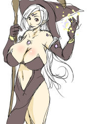 Rule 34 | 1girl, bare shoulders, breasts, cleavage, commentary request, elbow gloves, fantasy, gloves, hat, highres, huge breasts, long hair, navel, original, parted lips, pointy ears, sketch, solo, staff, white background, white hair, witch hat, yuumin