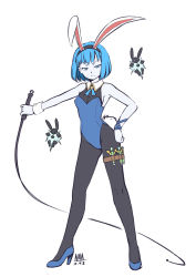 Rule 34 | 1girl, animal ears, armpits, blue eyes, blue hair, blue skin, colored skin, fake animal ears, gender request, genderswap, hairband, high heels, league of legends, looking at viewer, matching hair/eyes, nam (valckiry), pantyhose, parted lips, playboy bunny, rabbit ears, rabbit tail, short hair, solo, tail, whip, xerath