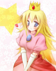 Rule 34 | 1girl, bad id, bad pixiv id, blonde hair, blue eyes, blush, breasts, brooch, crown, dress, elbow gloves, gem, gloves, heart, jewelry, long hair, looking at viewer, mario (series), nintendo, pink dress, princess peach, puffy short sleeves, puffy sleeves, scarlet (studioscr), short sleeves, simple background, smile, solo, star (symbol), very long hair, white background, white gloves