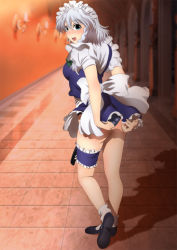 Rule 34 | 1girl, ass, back, blue eyes, blush, braid, breasts, embarrassed, feet, floor, from behind, full body, highres, indoors, izayoi sakuya, legs, looking back, maid, maid headdress, open mouth, panties, shadow, shoes, short hair, skirt, small breasts, socks, solo, standing, thigh strap, thighs, touhou, underwear, white hair, yadokari genpachirou