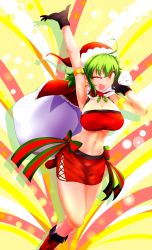 Rule 34 | 1girl, ;d, absurdres, ahoge, alternate costume, arm up, armlet, armpits, bandeau, bare arms, bare shoulders, black gloves, boots, bow, breasts, capelet, cleavage, commentary request, earrings, eyelashes, feet out of frame, gloves, green bow, green hair, hair between eyes, hand up, hat, highres, holding, holding sack, itocoh, jewelry, kazami yuuka, large breasts, leg up, looking at viewer, midriff, miniskirt, mistletoe, navel, one eye closed, open mouth, pencil skirt, red bow, red capelet, red eyes, red footwear, red skirt, sack, santa costume, santa hat, short hair, side slit, silhouette, skirt, smile, solo, star (symbol), star earrings, stomach, striped, striped bow, thighs, touhou, v-shaped eyebrows