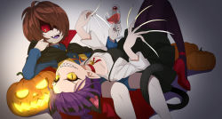 Rule 34 | 1boy, 1girl, alcohol, animal ears, bell, black cape, black dress, brown hair, cape, cat ears, cat tail, choker, colored sclera, commentary request, cup, dress, drinking glass, fake animal ears, fake tail, fangs, fingernails, gegege no kitarou, green eyes, hair over one eye, halloween, halloween costume, highres, holding, holding cup, jack-o&#039;-lantern, kitarou, long hair, looking at viewer, looking back, lying, medama oyaji, neck bell, nekomusume, nekomusume (gegege no kitarou 6), on back, on person, open mouth, pantyhose, pinafore dress, pointy ears, pumpkin, purple hair, purple pantyhose, red cape, red choker, red eyes, red sclera, sharp fingernails, sharp teeth, shirt, short dress, short hair, silanduqiaocui, sitting, sleeveless dress, slit pupils, smirk, tail, teeth, two-sided cape, two-sided fabric, white shirt, wine, wine glass, yellow sclera