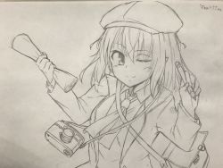 Rule 34 | 1girl, ascot, bag, blazer, blush, buttons, camera, collared shirt, cuff links, graphite (medium), greyscale, hat, highres, holding, jacket, long sleeves, looking at viewer, mahiro (akino-suisen), messenger bag, monochrome, one eye closed, paper, pencil, pointy ears, satchel, shameimaru aya, shirt, shoulder bag, smile, solo, touhou, traditional media, upper body
